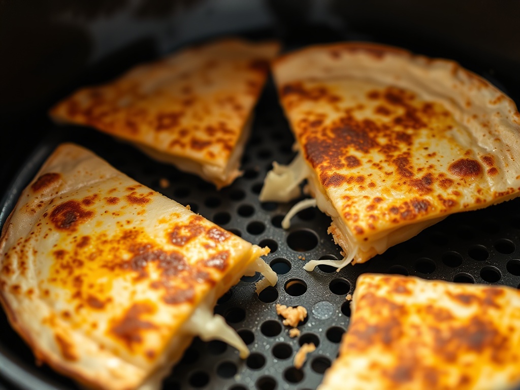 Quesadilla aus dem Airfryer, aufgeschnitten mit geschmolzenem Käse